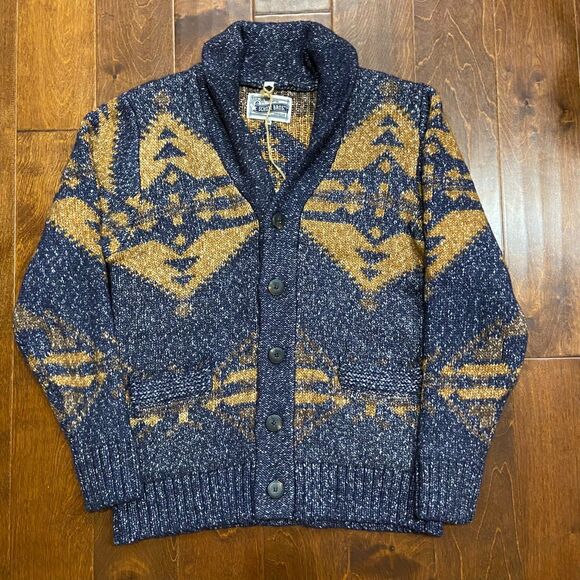 Schott NYC Prescott Southwestern NWT Cardigan Sweater Yak Wool Blue Tan Men's M - Picture 3 of 10